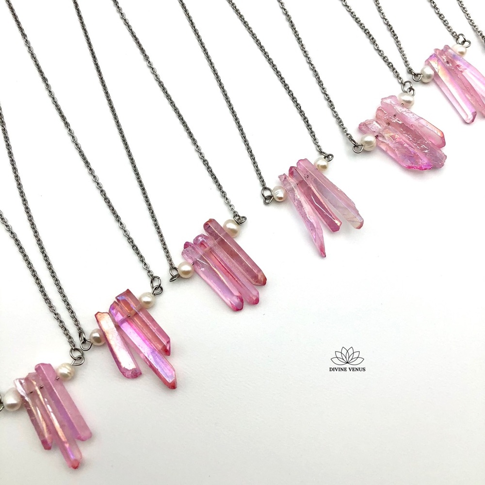 Angel Aura Pink Quartz x Pearls Necklace | Stainless Steel Chain - Picture 12 of 15
